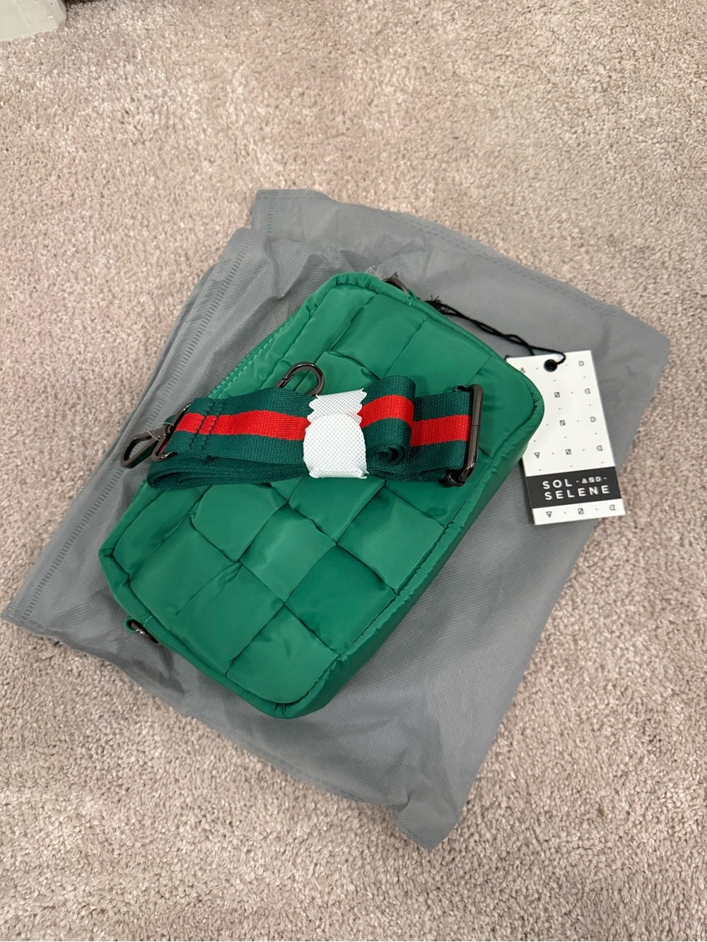 SOL AND SELENE Kelly Green Quilted Crossbody Bag with Striped Detachable Strap